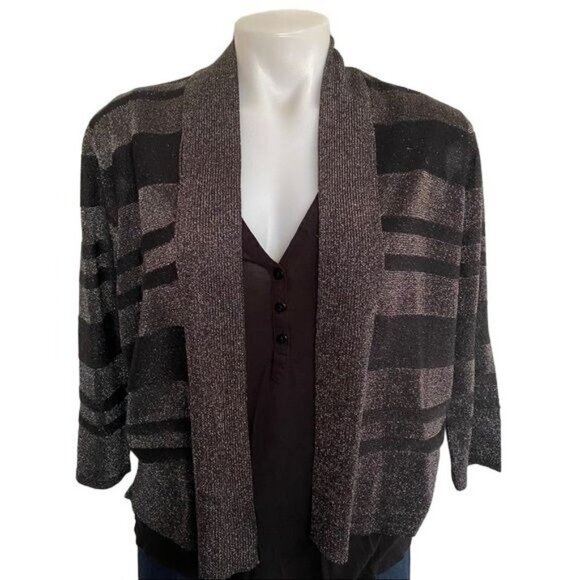 August Silk Black Gray Shimmery Metallic Striped 3/4 Sleeve Cardigan Sweater Siz - Picture 3 of 12